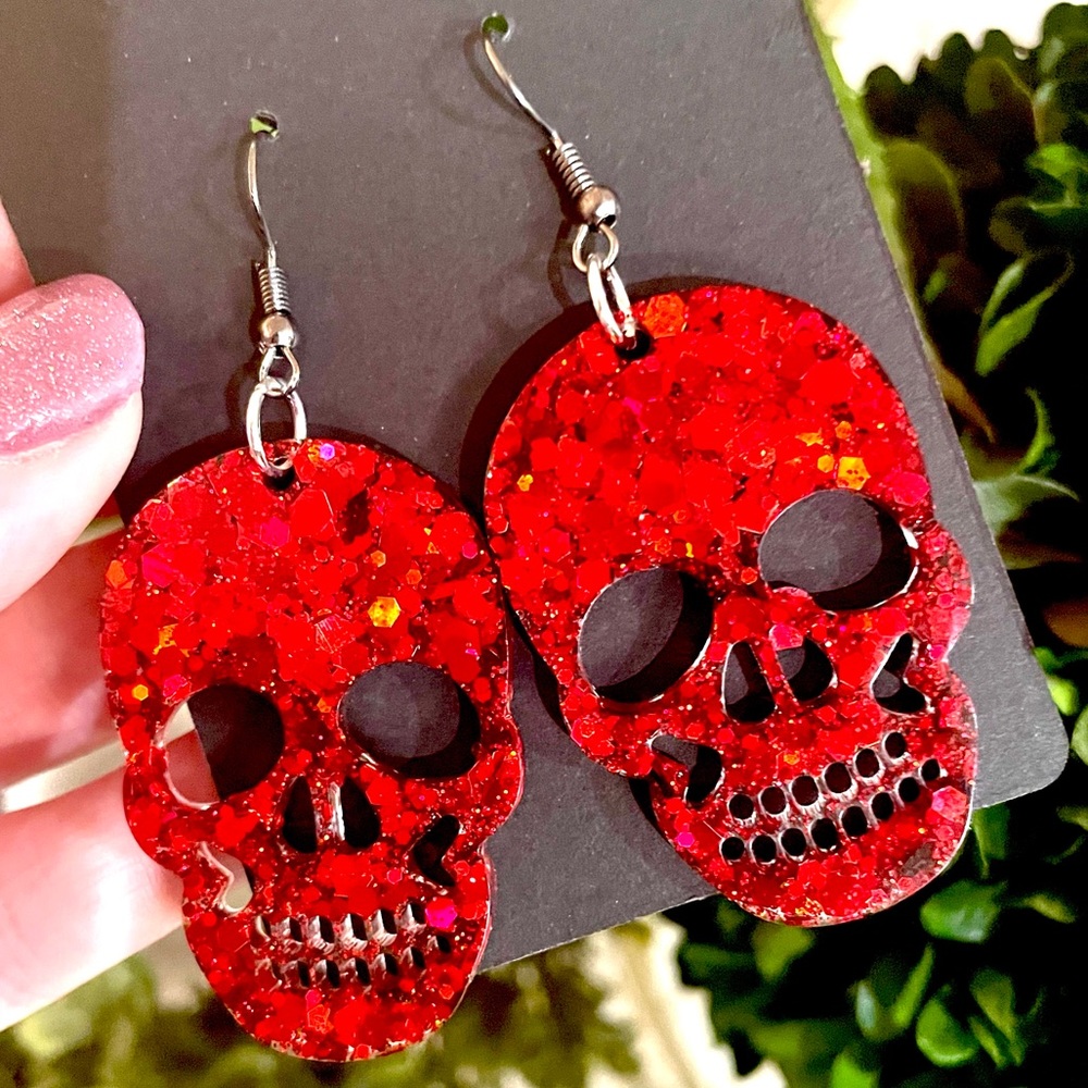 Red Sparkle Skull Earrings